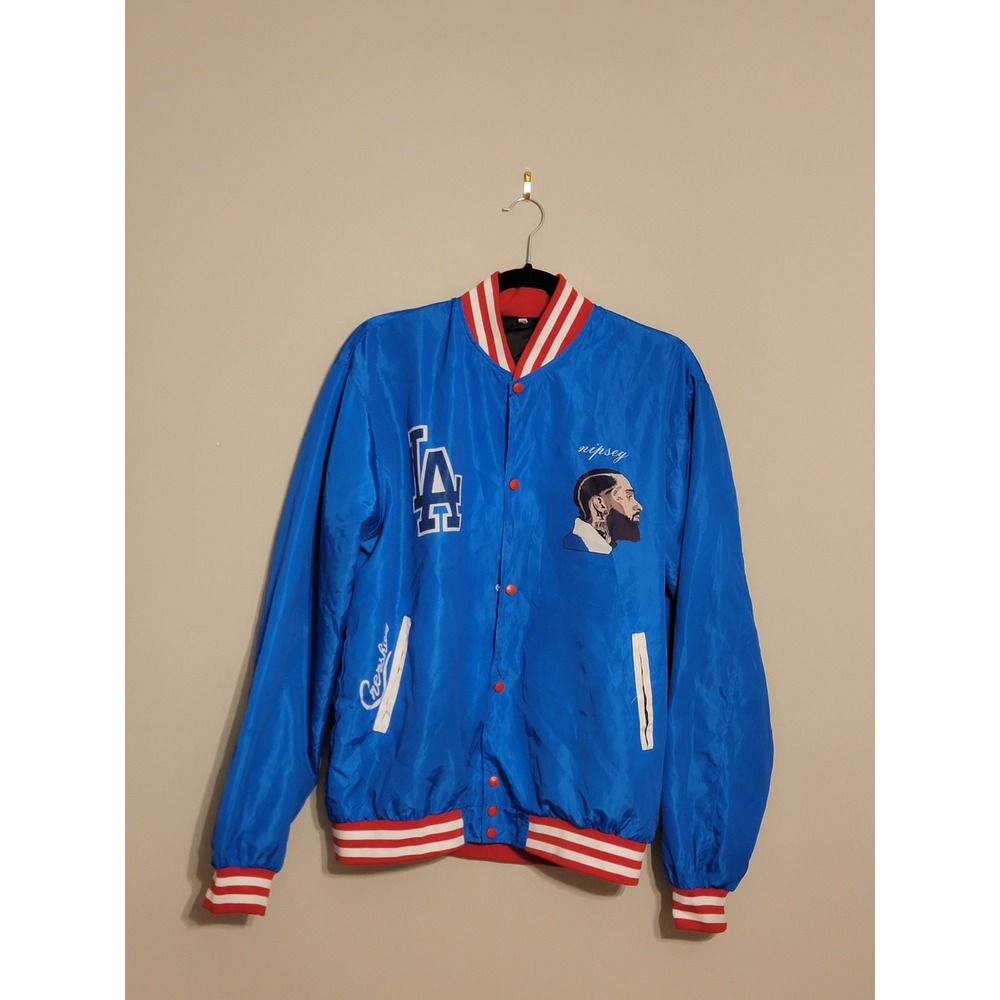 LA NIPSEY  VINTAGE BUTTON UP‎ THE MARATHON CONTINUES JACKET.